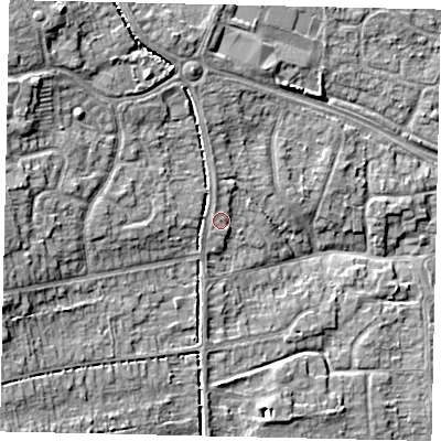 Shaded relief map of the ground around HU107AH, computed from Environment Agency LiDAR. The ground here sits at about 11 m above sea level and falls 12 m across the surrounding 800 m. Surface water reaching this point runs off ground lying to the west, 2.4 m higher.