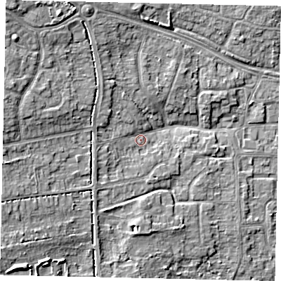 Shaded relief map of the ground around HU107AJ, computed from Environment Agency LiDAR. The ground here sits at about 9 m above sea level and falls 10 m across the surrounding 800 m. Surface water reaching this point runs off ground lying to the west, 6.1 m higher.