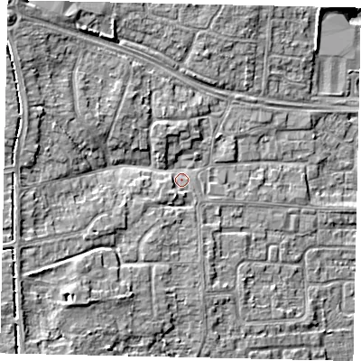 Shaded relief map of the ground around HU107AN, computed from Environment Agency LiDAR. The ground here sits at about 7 m above sea level and falls 10 m across the surrounding 800 m. Surface water reaching this point runs off ground lying to the south-south-west, 2.3 m higher.