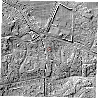 Shaded relief map of the ground around HU107AQ, computed from Environment Agency LiDAR. The ground here sits at about 12 m above sea level and falls 12 m across the surrounding 800 m. Surface water reaching this point runs off ground lying to the west-north-west, 1.3 m higher.