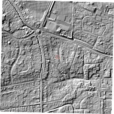 Shaded relief map of the ground around HU107AT, computed from Environment Agency LiDAR. The ground here sits at about 10 m above sea level and falls 12 m across the surrounding 800 m. Surface water reaching this point runs off ground lying to the west, 2.0 m higher.