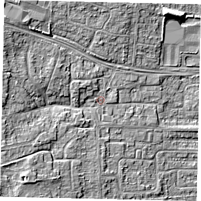Shaded relief map of the ground around HU107AW, computed from Environment Agency LiDAR. The ground here sits at about 7 m above sea level and falls 10 m across the surrounding 800 m. Surface water reaching this point runs off ground lying to the south-west, 5.3 m higher.
