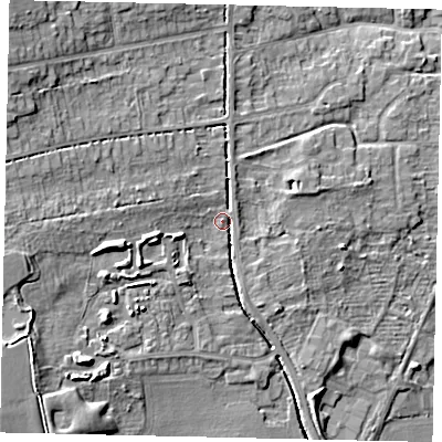 Shaded relief map of the ground around HU107BG, computed from Environment Agency LiDAR. The ground here sits at about 11 m above sea level and falls 14 m across the surrounding 800 m. Surface water reaching this point runs off ground lying to the west, 8.8 m higher.