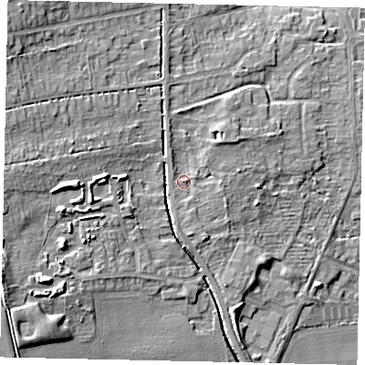 Shaded relief map of the ground around HU107BQ, computed from Environment Agency LiDAR. The ground here sits at about 11 m above sea level and falls 14 m across the surrounding 800 m. Surface water reaching this point runs off ground lying to the north-east, 1.9 m higher.