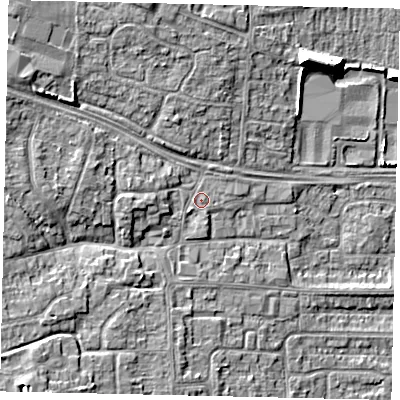 Shaded relief map of the ground around HU107BY, computed from Environment Agency LiDAR. The ground here sits at about 6 m above sea level and falls 10 m across the surrounding 800 m. Surface water reaching this point runs off ground lying to the west, 3.4 m higher.