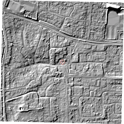 Shaded relief map of the ground around HU107DA, computed from Environment Agency LiDAR. The ground here sits at about 7 m above sea level and falls 10 m across the surrounding 800 m. Surface water reaching this point runs off ground lying to the west, 5.6 m higher.