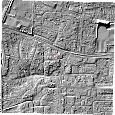 Shaded relief map of the ground around HU107DD, computed from Environment Agency LiDAR. The ground here sits at about 7 m above sea level and falls 10 m across the surrounding 800 m. Surface water reaching this point runs off ground lying to the west, 2.9 m higher.