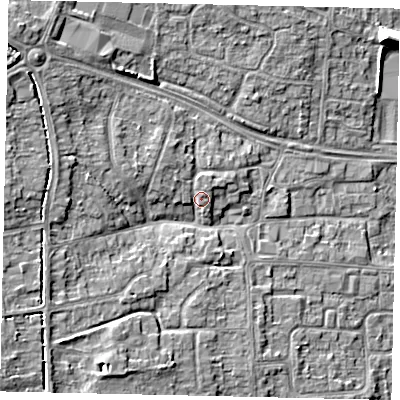 Shaded relief map of the ground around HU107DG, computed from Environment Agency LiDAR. The ground here sits at about 9 m above sea level and falls 10 m across the surrounding 800 m. Surface water reaching this point runs off ground lying to the west-north-west, 2.3 m higher.