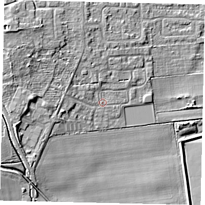 Shaded relief map of the ground around HU107DL, computed from Environment Agency LiDAR. The ground here sits at about 5 m above sea level and falls 9 m across the surrounding 800 m. Surface water reaching this point runs off ground lying to the north-west, 6.6 m higher.