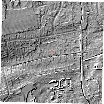 Shaded relief map of the ground around HU107DS, computed from Environment Agency LiDAR. The ground here sits at about 14 m above sea level and falls 17 m across the surrounding 800 m. Surface water reaching this point runs off ground lying to the west, 1.7 m higher.