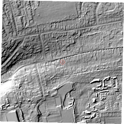 Shaded relief map of the ground around HU107DT, computed from Environment Agency LiDAR. The ground here sits at about 17 m above sea level and falls 22 m across the surrounding 800 m. Surface water reaching this point runs off ground lying to the south-west, 15.7 m higher.