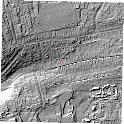 Shaded relief map of the ground around HU107DU, computed from Environment Agency LiDAR. The ground here sits at about 16 m above sea level and falls 22 m across the surrounding 800 m. Surface water reaching this point runs off ground lying to the west-north-west, 14.5 m higher.