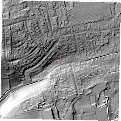 Shaded relief map of the ground around HU107EA, computed from Environment Agency LiDAR. The ground here sits at about 20 m above sea level and falls 25 m across the surrounding 800 m. Surface water reaching this point runs off ground lying to the west-north-west, 18.9 m higher.