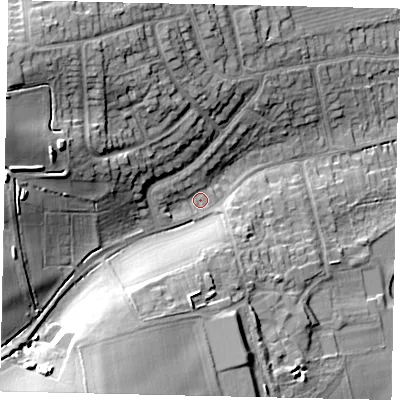 Shaded relief map of the ground around HU107EJ, computed from Environment Agency LiDAR. The ground here sits at about 23 m above sea level and falls 26 m across the surrounding 800 m. Surface water reaching this point runs off ground lying to the west-north-west, 11.6 m higher.
