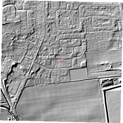 Shaded relief map of the ground around HU107ER, computed from Environment Agency LiDAR. The ground here sits at about 5 m above sea level and falls 9 m across the surrounding 800 m. Surface water reaching this point runs off ground lying to the north-north-west, 3.3 m higher.