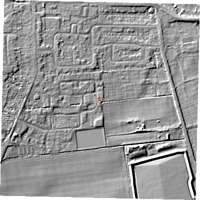 Shaded relief map of the ground around HU107EU, computed from Environment Agency LiDAR. The ground here sits at about 5 m above sea level and falls 7 m across the surrounding 800 m. Surface water reaching this point runs off ground lying to the west, 0.6 m higher.