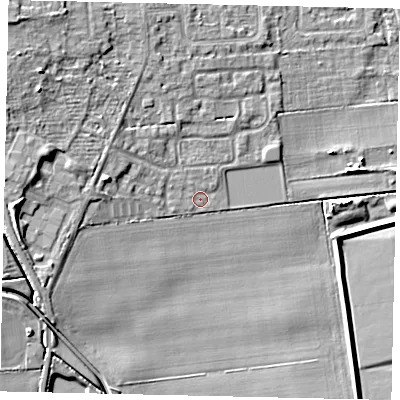 Shaded relief map of the ground around HU107EW, computed from Environment Agency LiDAR. The ground here sits at about 5 m above sea level and falls 9 m across the surrounding 800 m. Surface water reaching this point runs off ground lying to the north-west, 7.1 m higher.