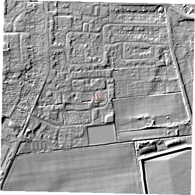 Shaded relief map of the ground around HU107EZ, computed from Environment Agency LiDAR. The ground here sits at about 6 m above sea level and falls 8 m across the surrounding 800 m. Surface water reaching this point runs off ground lying to the north-west, 1.2 m higher.