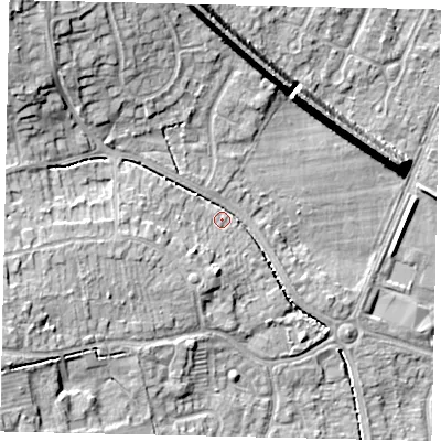 Shaded relief map of the ground around HU107HA, computed from Environment Agency LiDAR. The ground here sits at about 15 m above sea level and falls 17 m across the surrounding 800 m. Surface water reaching this point runs off ground lying to the north-west, 12.8 m higher.