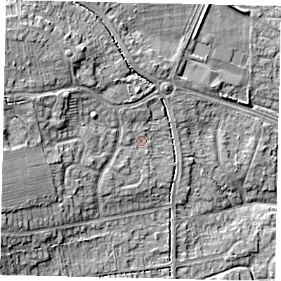 Shaded relief map of the ground around HU107HD, computed from Environment Agency LiDAR. The ground here sits at about 12 m above sea level and falls 14 m across the surrounding 800 m. Surface water reaching this point runs off ground lying to the west-south-west, 8.4 m higher.
