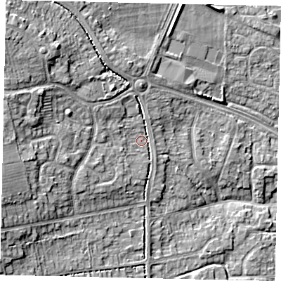 Shaded relief map of the ground around HU107HE, computed from Environment Agency LiDAR. The ground here sits at about 12 m above sea level and falls 12 m across the surrounding 800 m. Surface water reaching this point runs off ground lying to the west-south-west, 8.1 m higher.