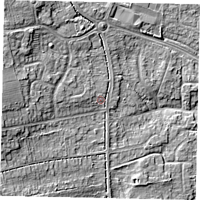 Shaded relief map of the ground around HU107HF, computed from Environment Agency LiDAR. The ground here sits at about 12 m above sea level and falls 13 m across the surrounding 800 m. Surface water reaching this point runs off ground lying to the west-north-west, 2.5 m higher.