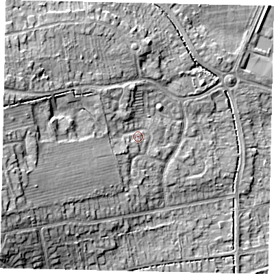 Shaded relief map of the ground around HU107HY, computed from Environment Agency LiDAR. The ground here sits at about 15 m above sea level and falls 17 m across the surrounding 800 m. Surface water reaching this point runs off ground lying to the west-south-west, 11.0 m higher.