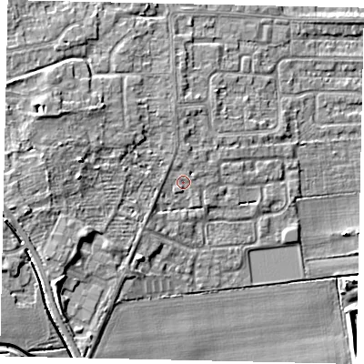 Shaded relief map of the ground around HU107NW, computed from Environment Agency LiDAR. The ground here sits at about 7 m above sea level and falls 9 m across the surrounding 800 m. Surface water reaching this point runs off ground lying to the north, 2.2 m higher.