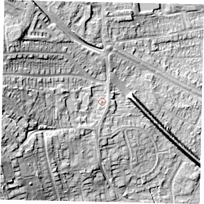 Shaded relief map of the ground around HU107QA, computed from Environment Agency LiDAR. The ground here sits at about 24 m above sea level and falls 25 m across the surrounding 800 m. Surface water reaching this point runs off ground lying to the west, 14.6 m higher.