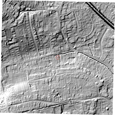 Shaded relief map of the ground around HU107QD, computed from Environment Agency LiDAR. The ground here sits at about 19 m above sea level and falls 23 m across the surrounding 800 m. Surface water reaching this point runs off ground lying to the south-west, 12.8 m higher.