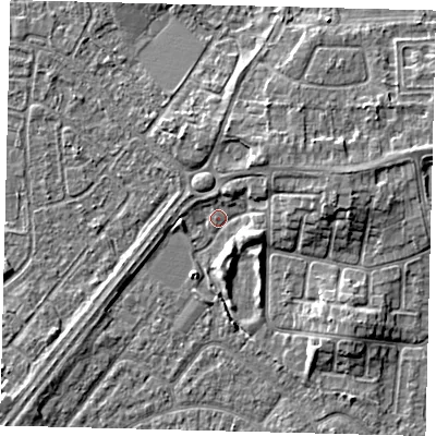 Shaded relief map of the ground around HU114BF, computed from Environment Agency LiDAR. The ground here sits at about 2 m above sea level and falls 5 m across the surrounding 800 m. Surface water reaching this point runs off ground lying to the east-north-east, 4.3 m higher.