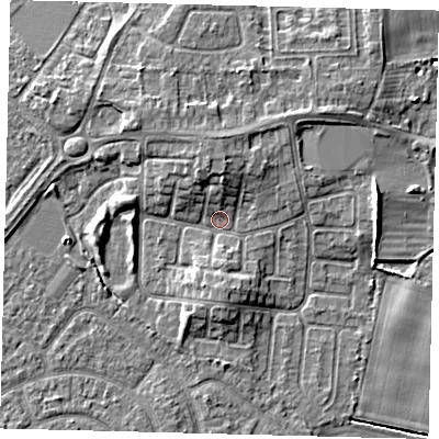 Shaded relief map of the ground around HU114BS, computed from Environment Agency LiDAR. The ground here sits at about 3 m above sea level and falls 6 m across the surrounding 800 m. Surface water reaching this point runs off ground lying to the north, 3.7 m higher.