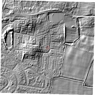 Shaded relief map of the ground around HU114BW, computed from Environment Agency LiDAR. The ground here sits at about 2 m above sea level and falls 6 m across the surrounding 800 m. Surface water reaching this point runs off ground lying to the west, 3.4 m higher.