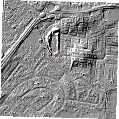 Shaded relief map of the ground around HU114DF, computed from Environment Agency LiDAR. The ground here sits at about 2 m above sea level and falls 5 m across the surrounding 800 m. Surface water reaching this point runs off ground lying to the east-south-east, 2.1 m higher.