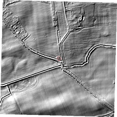Shaded relief map of the ground around HU114DG, computed from Environment Agency LiDAR. The ground here sits at about 4 m above sea level and falls 6 m across the surrounding 800 m. Surface water reaching this point runs off ground lying to the north-north-east, 4.7 m higher.