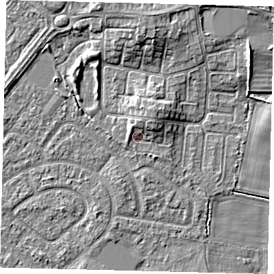 Shaded relief map of the ground around HU114DN, computed from Environment Agency LiDAR. The ground here sits at about 3 m above sea level and falls 6 m across the surrounding 800 m. Surface water reaching this point runs off ground lying to the north-east, 2.7 m higher.