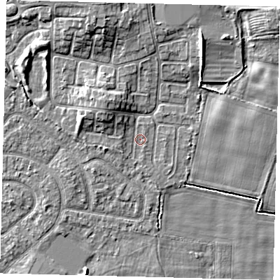 Shaded relief map of the ground around HU114DP, computed from Environment Agency LiDAR. The ground here sits at about 2 m above sea level and falls 6 m across the surrounding 800 m. Surface water reaching this point runs off ground lying to the west-south-west, 1.0 m higher.