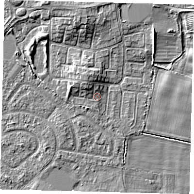 Shaded relief map of the ground around HU114DW, computed from Environment Agency LiDAR. The ground here sits at about 3 m above sea level and falls 6 m across the surrounding 800 m. Surface water reaching this point runs off ground lying to the north, 1.8 m higher.