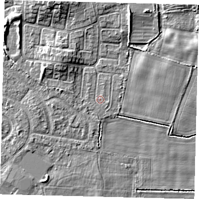 Shaded relief map of the ground around HU114EP, computed from Environment Agency LiDAR. The ground here sits at about 3 m above sea level and falls 7 m across the surrounding 800 m. Surface water reaching this point runs off ground lying to the south-east, 0.7 m higher.