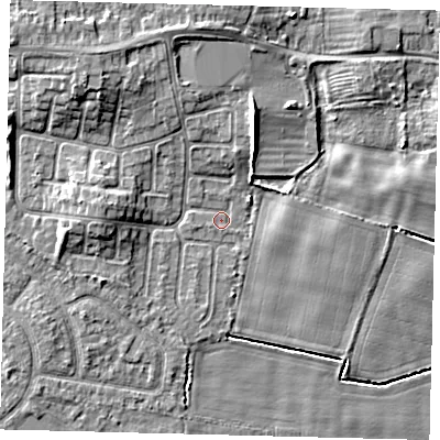 Shaded relief map of the ground around HU114ER, computed from Environment Agency LiDAR. The ground here sits at about 2 m above sea level and falls 6 m across the surrounding 800 m. Surface water reaching this point runs off ground lying to the north-north-east, 5.7 m higher.