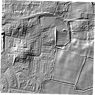 Shaded relief map of the ground around HU114ES, computed from Environment Agency LiDAR. The ground here sits at about 2 m above sea level and falls 6 m across the surrounding 800 m. Surface water reaching this point runs off ground lying to the north-north-east, 5.5 m higher.