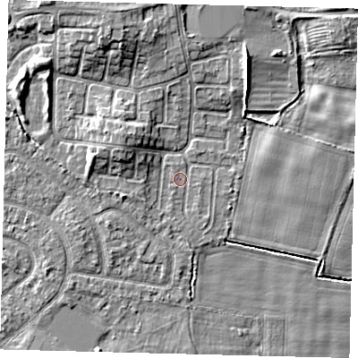 Shaded relief map of the ground around HU114EU, computed from Environment Agency LiDAR. The ground here sits at about 2 m above sea level and falls 6 m across the surrounding 800 m. Surface water reaching this point runs off ground lying to the west-south-west, 1.0 m higher.