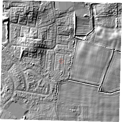 Shaded relief map of the ground around HU114EW, computed from Environment Agency LiDAR. The ground here sits at about 2 m above sea level and falls 6 m across the surrounding 800 m. Surface water reaching this point runs off ground lying to the south, 0.7 m higher.
