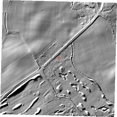 Shaded relief map of the ground around HU114LD, computed from Environment Agency LiDAR. The ground here sits at about 8 m above sea level and falls 10 m across the surrounding 800 m. Surface water reaching this point runs off ground lying to the south-west, 2.1 m higher.