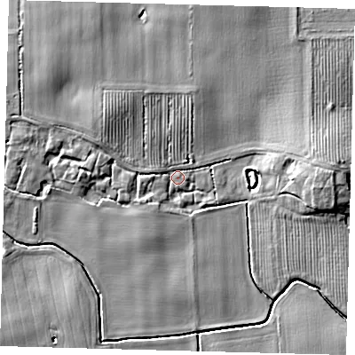 Shaded relief map of the ground around HU114LP, computed from Environment Agency LiDAR. The ground here sits at about 13 m above sea level and falls 9 m across the surrounding 800 m. Surface water reaching this point runs off ground lying to the north-west, 4.5 m higher.