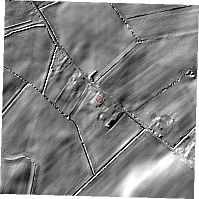 Shaded relief map of the ground around HU114QA, computed from Environment Agency LiDAR. The ground here sits at about 13 m above sea level and falls 6 m across the surrounding 800 m. Surface water reaching this point runs off ground lying to the east-north-east, 0.9 m higher.