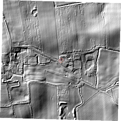 Shaded relief map of the ground around HU114QB, computed from Environment Agency LiDAR. The ground here sits at about 14 m above sea level and falls 8 m across the surrounding 800 m. Surface water reaching this point runs off ground lying to the north-north-east, 0.7 m higher.