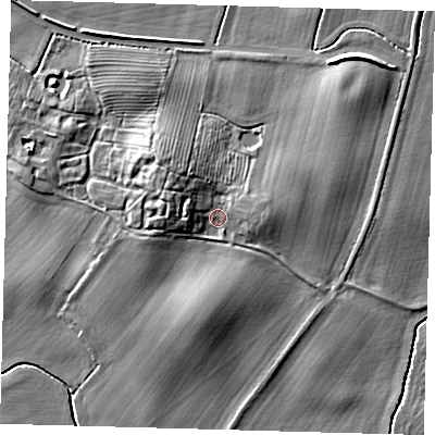 Shaded relief map of the ground around HU114RE, computed from Environment Agency LiDAR. The ground here sits at about 14 m above sea level and falls 9 m across the surrounding 800 m. Surface water reaching this point runs off ground lying to the west-north-west, 4.9 m higher.