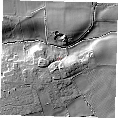 Shaded relief map of the ground around HU114RX, computed from Environment Agency LiDAR. The ground here sits at about 12 m above sea level and falls 14 m across the surrounding 800 m. Surface water reaching this point runs off ground lying to the west-south-west, 9.3 m higher.