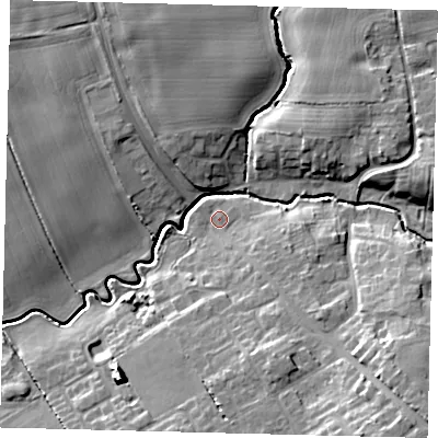 Shaded relief map of the ground around HU115BA, computed from Environment Agency LiDAR. The ground here sits at about 6 m above sea level and falls 15 m across the surrounding 800 m. Surface water reaching this point runs off ground lying to the south-east, 12.9 m higher.